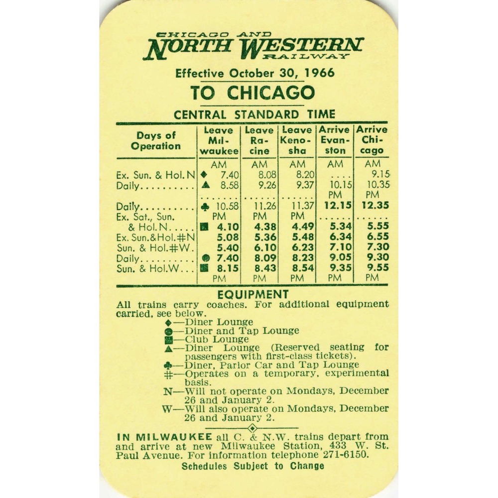 Vintage 1966 C&NW Railway Timetable Milwaukee Chicago Racine Kenosha - Picture 1 of 2